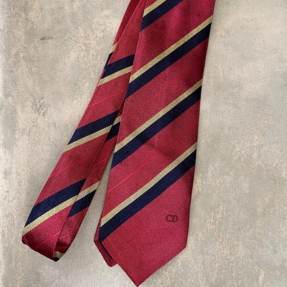 Vintage Christian Dior Parfums Stripe Silk Tie CD Embroidered Logo Bottom Front